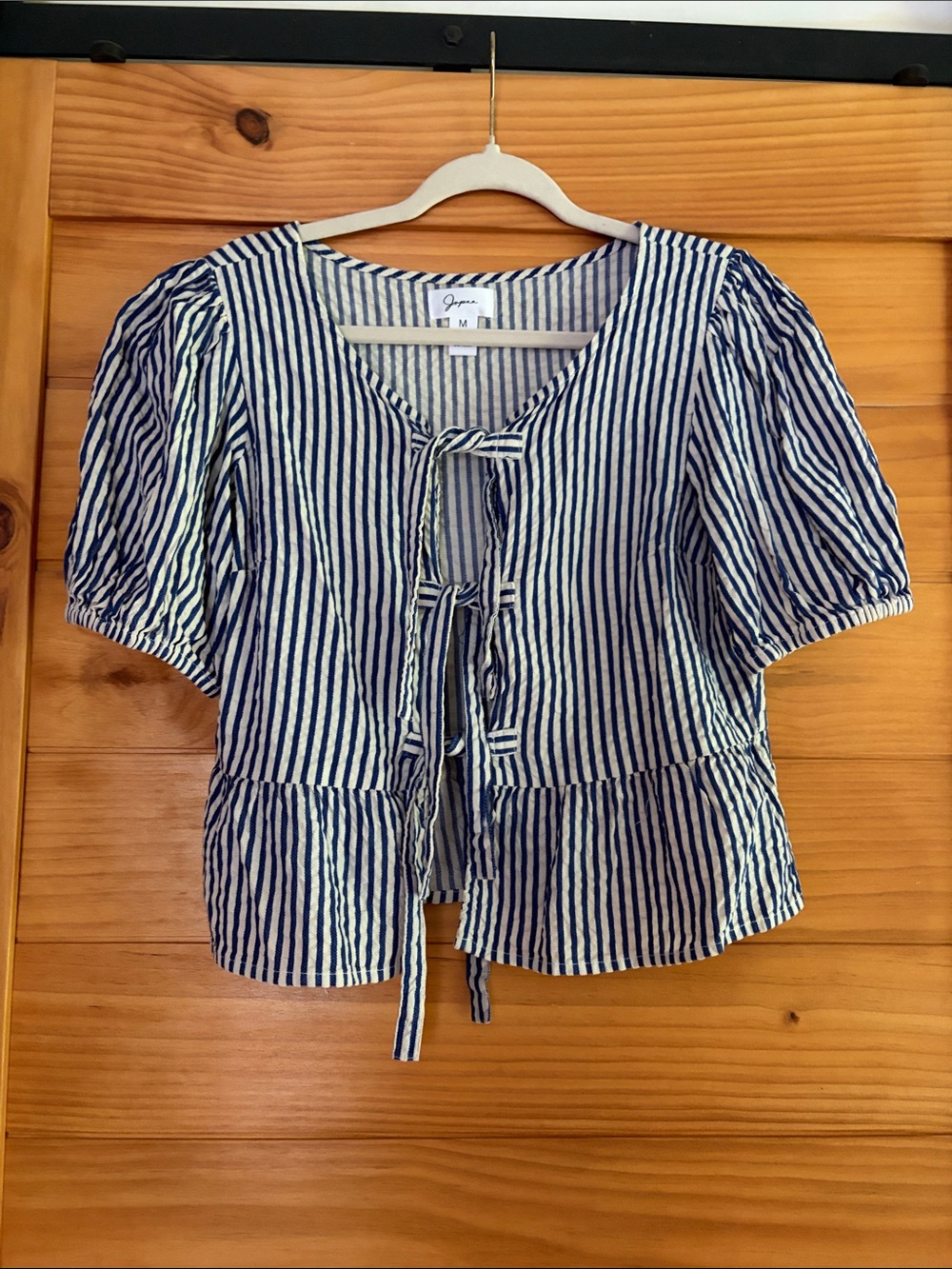 Japna Blue and White Striped Tie-Front Peplum Top